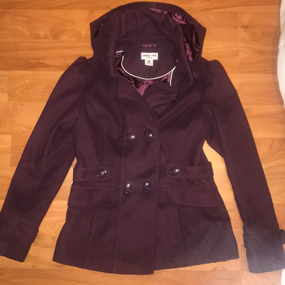 Celebrity pink double breasted hooded pea coat.